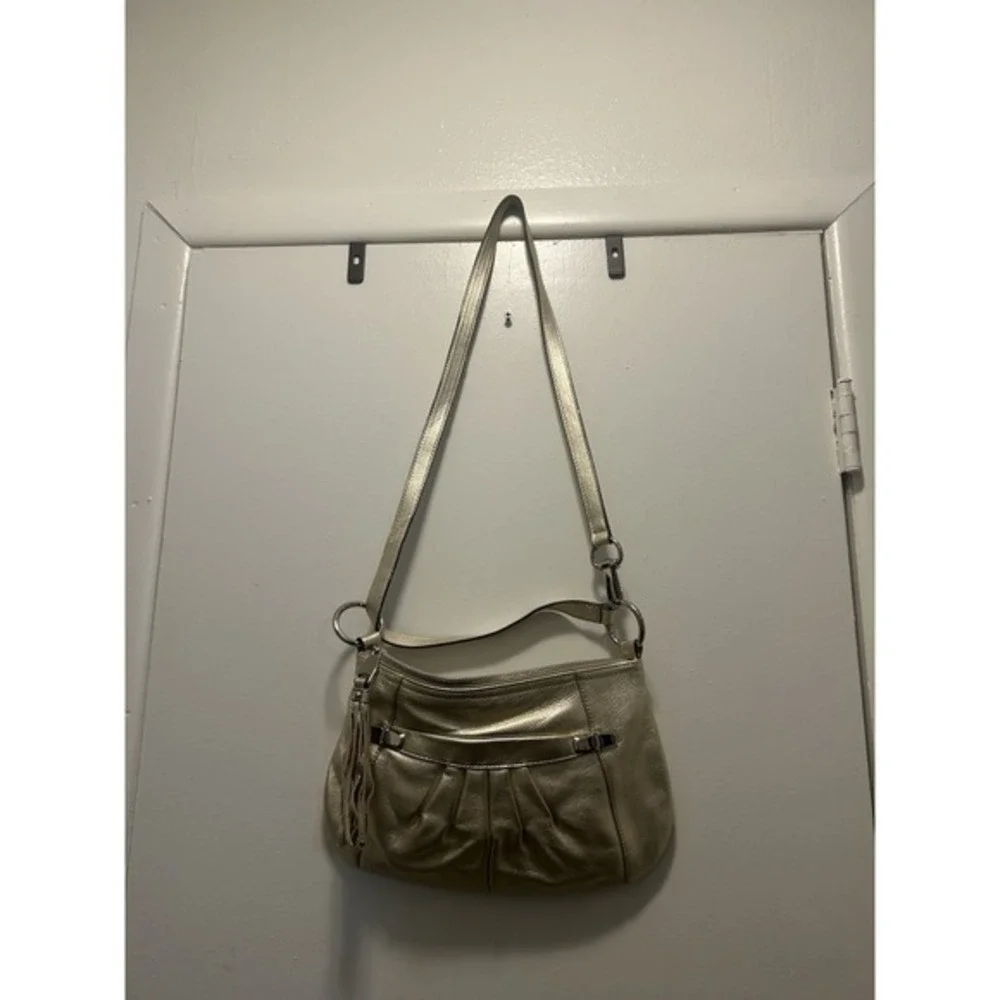 B Makowsky‎ Women's Pebbled Leather Crossbody Champaign Metallic Handbag Y2K